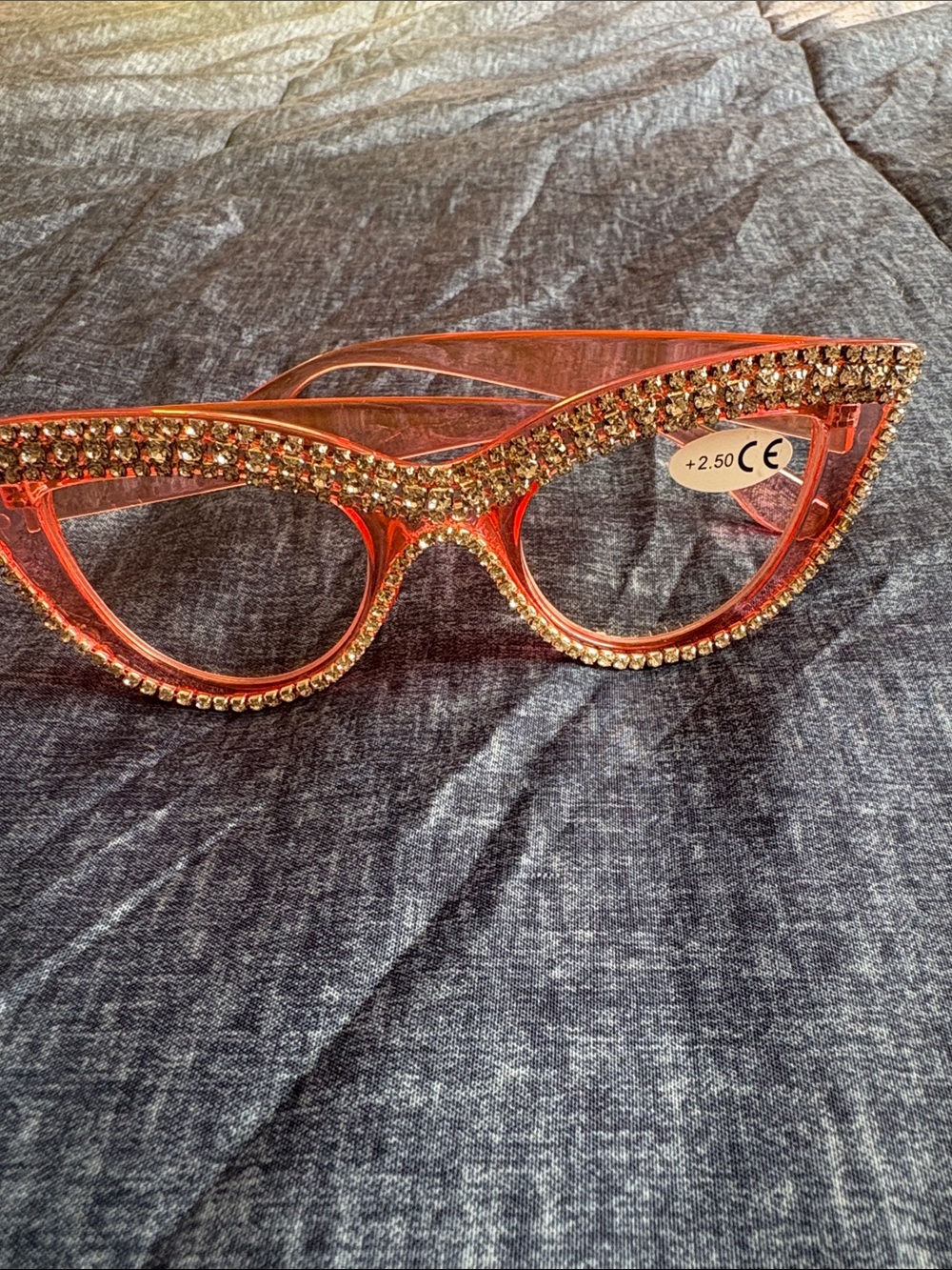 ✨ Rhinestone Cat Eye Reading Glasses +2.50 Orange/Gold